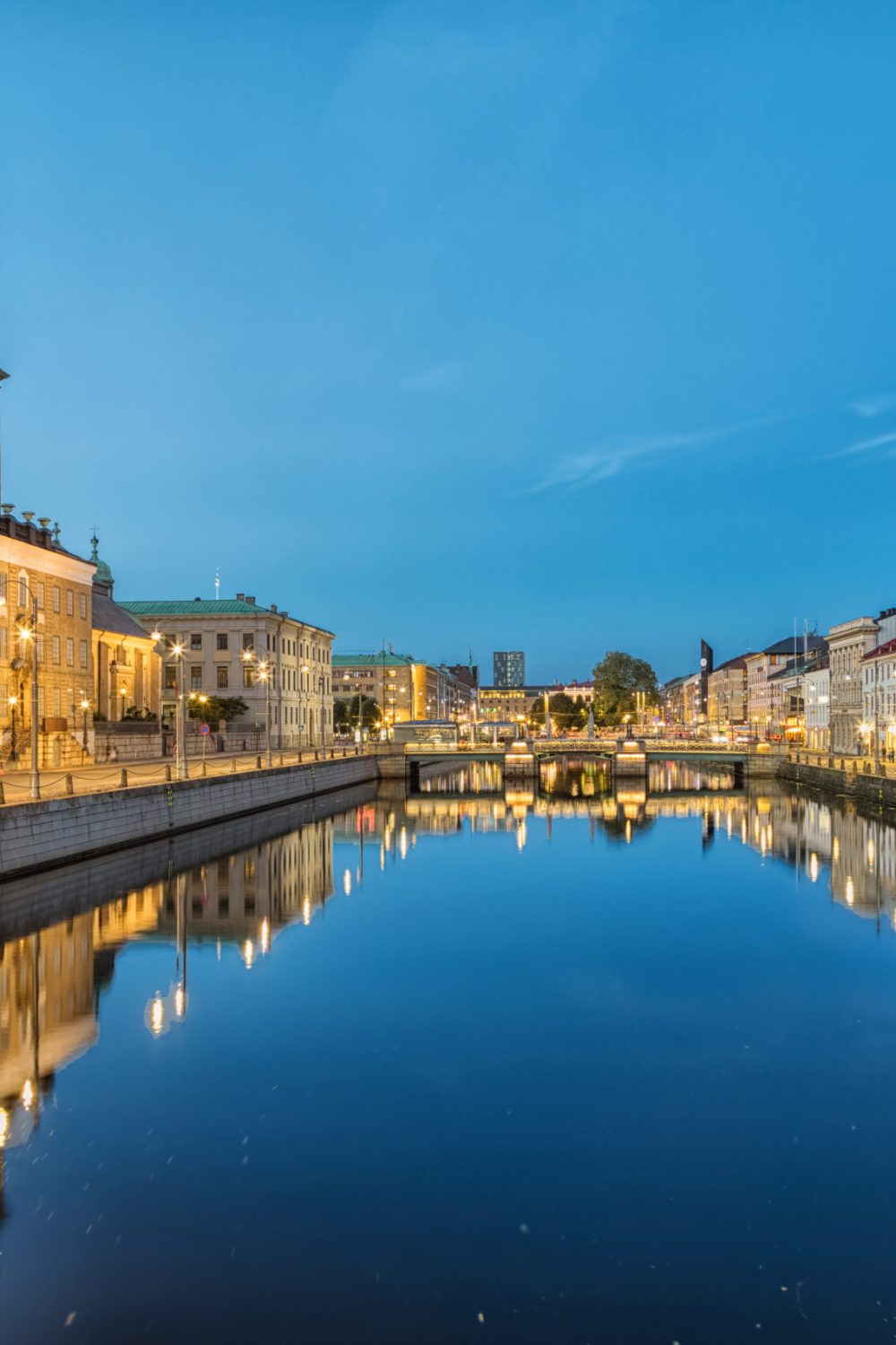 Cityscape with Big Harbor Canal and German Church (Christinae Church) at dusk in Gothenburg, Sweden